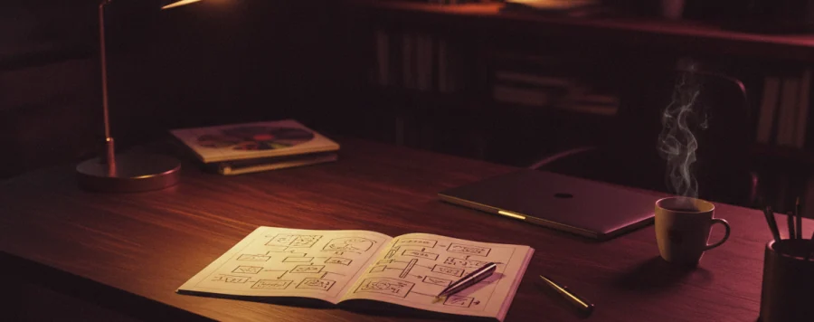 Mesa de trabalho com um caderno de estratégia aberto sob a luz de uma luminária.