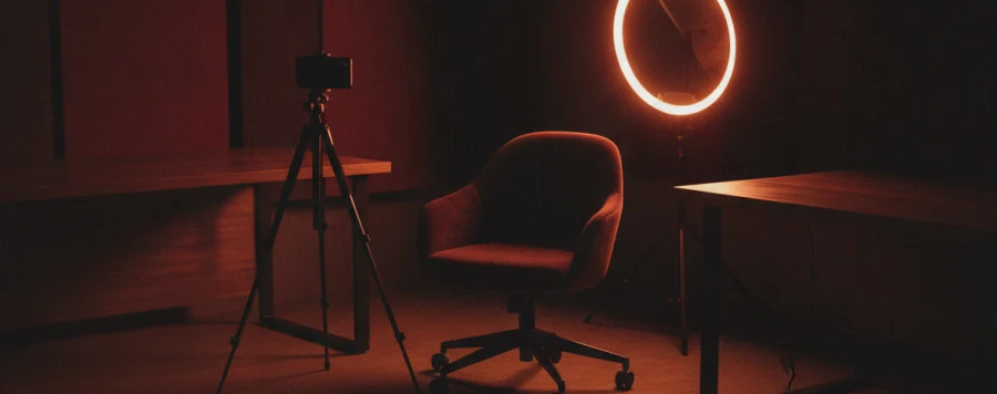 Estúdio de gravação com tripé, cadeira e ring light aceso.