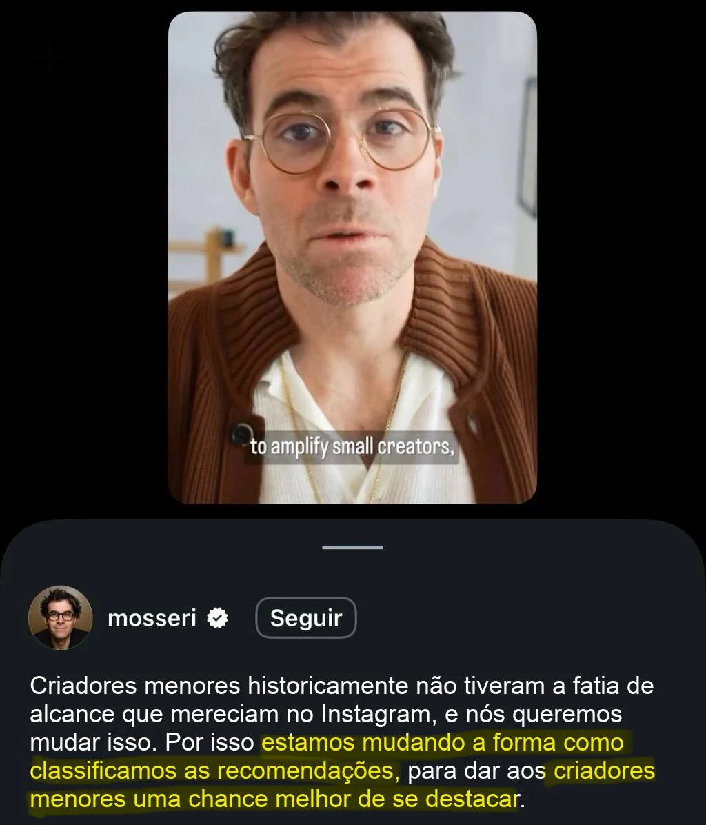 Publicação de Adam Mosseri, CEO do Instagram: criadores menores historicamente não tiveram a fatia de alcance que mereciam, e a plataforma está mudando a forma como classifica as recomendações.